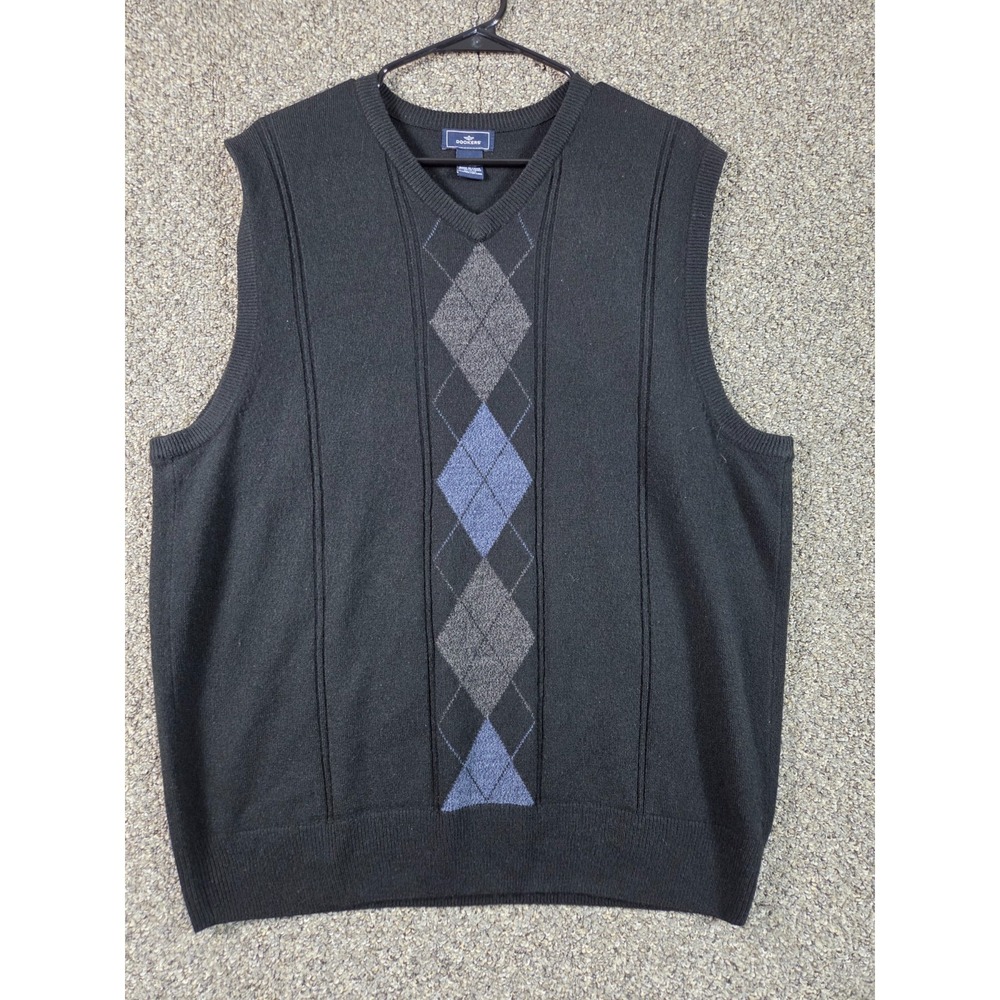 Dockers Men's XL Black Argyle Sweater Vest Blue Gray V-Neck Acrylic Classic